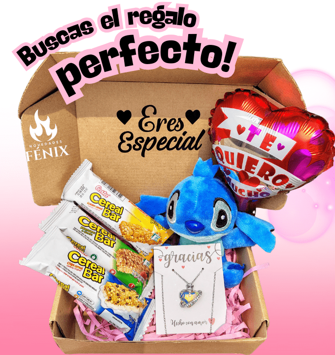 💖Collar corazón brillante + 1 llavero peluche Stich +3 cereales en Barra +1 Globo que inspira amor + 1 caja con 1 lazo🎀